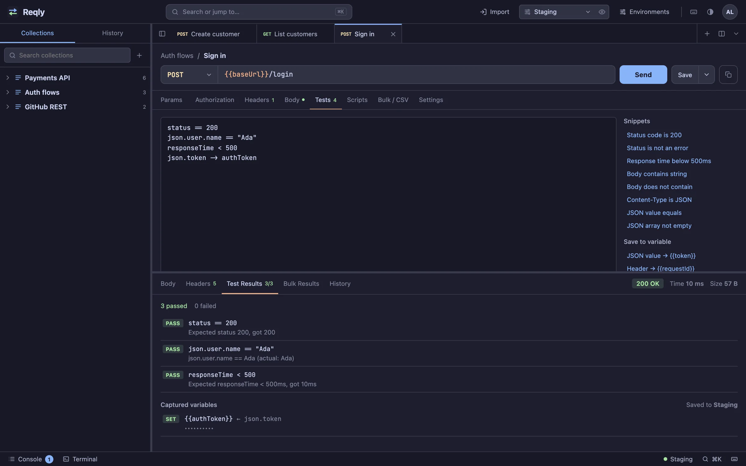 Tests tab with four one-line assertions and a results panel showing three passed tests and a captured authToken variable